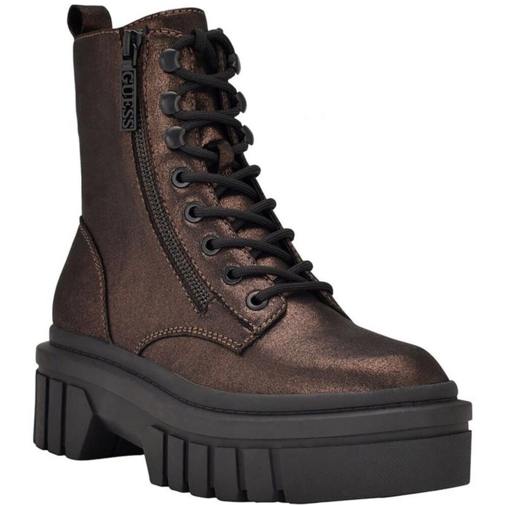 Guess Womens Ferina 2 Bronze Faux Leather Combat & Lace-up Boots Shoes New